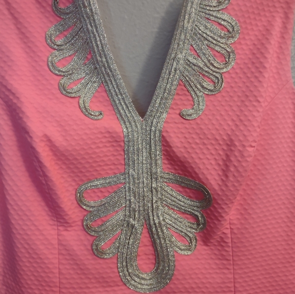 Lilly Pulitzer Janice Shift Dress Coral Reef Pink with Metallic Gold Embroidery. - Picture 6 of 13